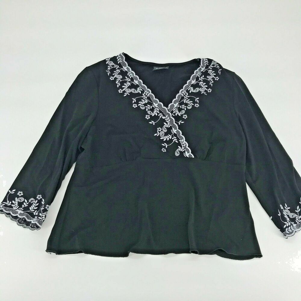 Tribal Women’s Wrap Blouse Long Sleeve Floral Embroidered Boho Black White Sz L